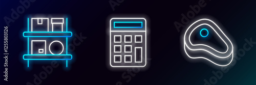 Set line Steak meat, Warehouse interior with boxes and Calculator icon. Glowing neon. Vector