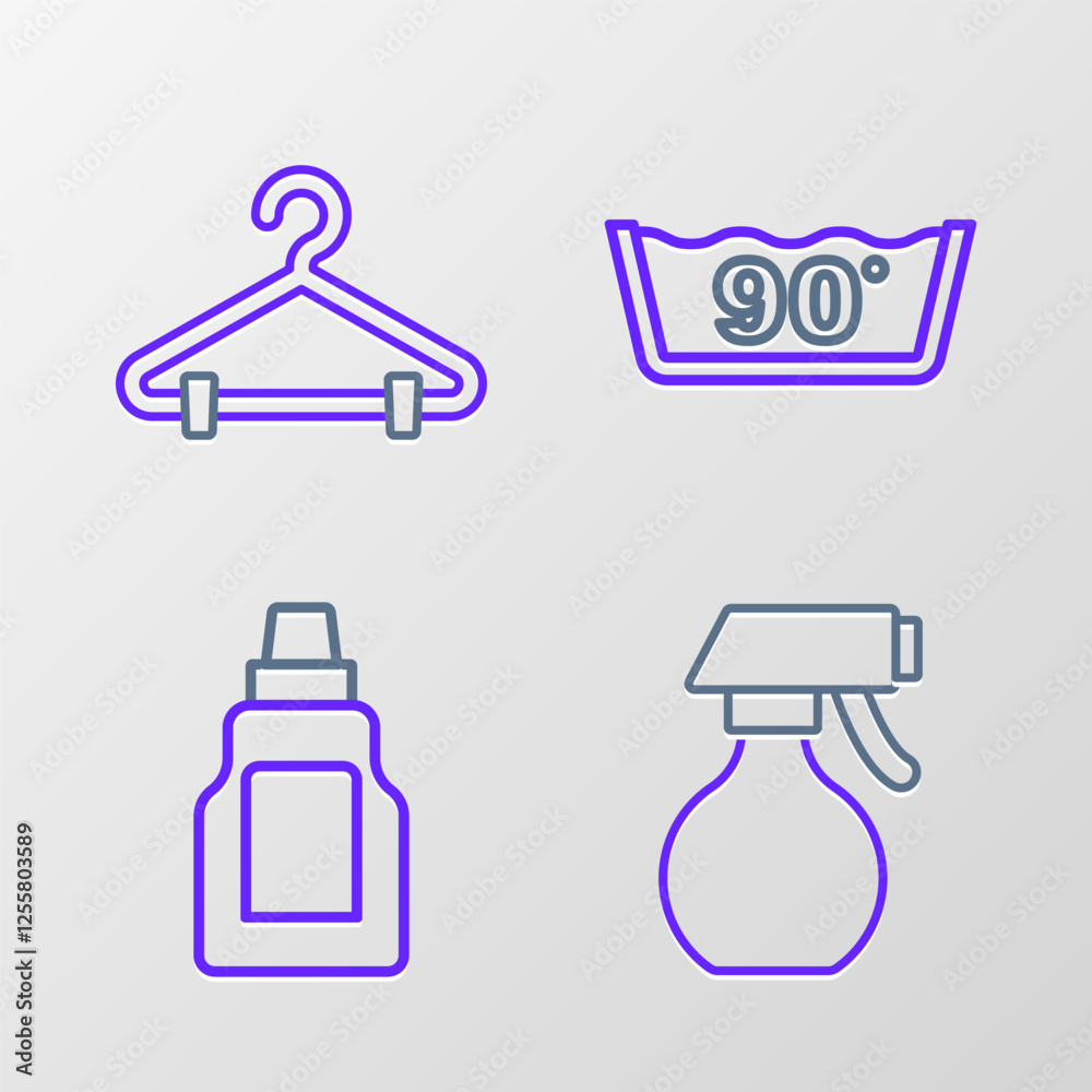 Set line Water spray bottle, Bottle for cleaning agent, Temperature wash and Hanger wardrobe icon. Vector Set line Water spray bottle, Bottle for cleaning agent, Temperature wash and Hanger wardrobe icon. Vector