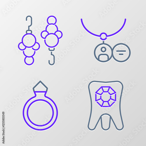 Set line Tooth with diamond, Diamond engagement ring, Locket necklace and Earrings icon. Vector