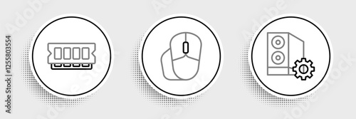 Set line Case of computer, RAM, random access memory and Computer mouse icon. Vector