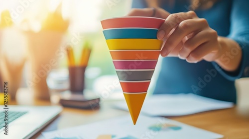 A performance marketer adjusting retargeting ad settings, fine-tuning audience targeting for a sales funnel campaign, corporate workspace, strategic planning, mid-morning