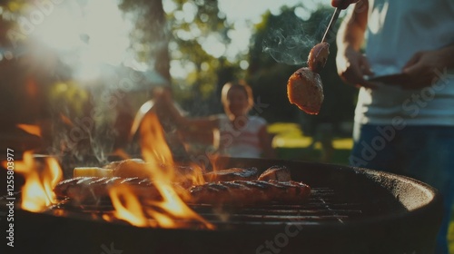 Family BBQ Grill Party in the Backyard on a Sunny Summer Afternoon