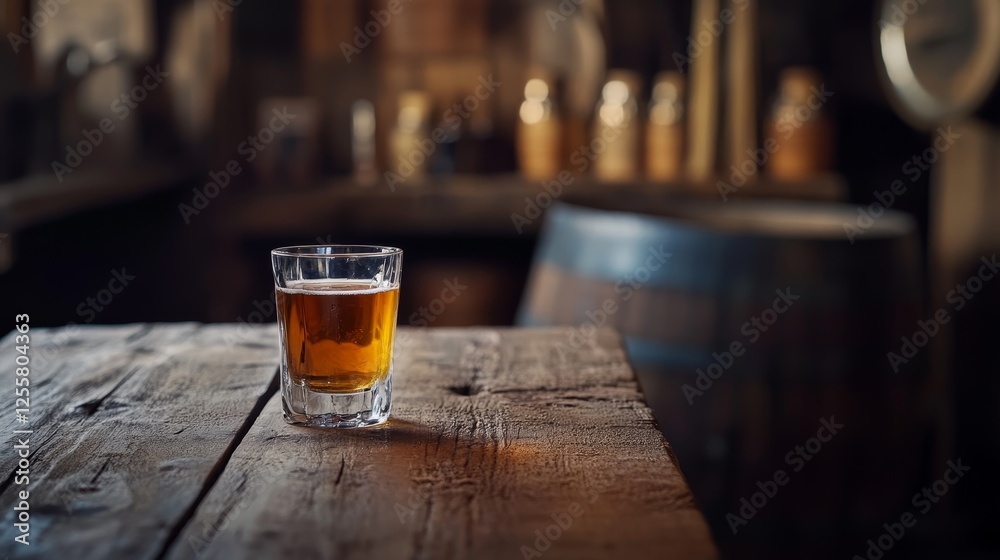 Vodka whiskey shot glass on wooden table in old retro style bar interior composition background Vodka whiskey shot glass on wooden table in old retro style bar interior composition background