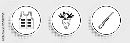 Set line Hunting gun, jacket and Deer head with antlers icon. Vector