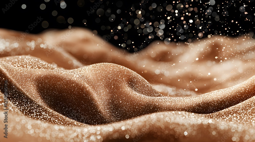 Fototapeta premium Glittering Golden Waves of Satin Fabric with Sparkles in Air