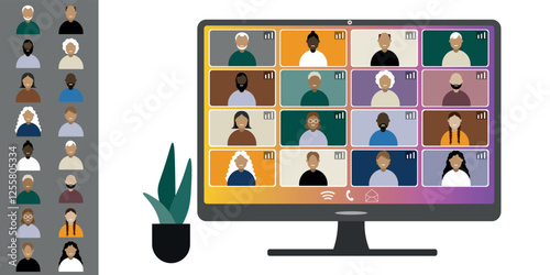 Video call conference, working from home. Colleagues of different nationalities and ages talk to each other on computer screen. Isolated illustration on white background in flat style trendy colors