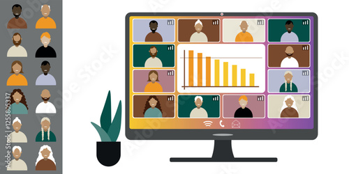 Video call conference, working from home. Colleagues of different nationalities and ages talk to each other on computer screen. Isolated illustration on white background in flat style trendy colors