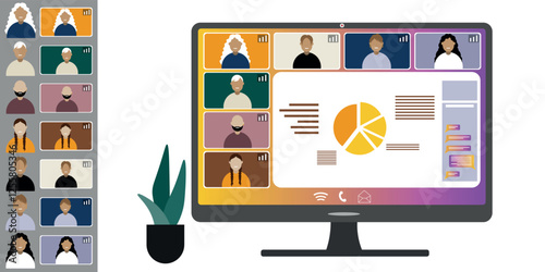 Video call conference, working from home. Colleagues of different nationalities and ages talk to each other on computer screen. Isolated illustration on white background in flat style trendy colors
