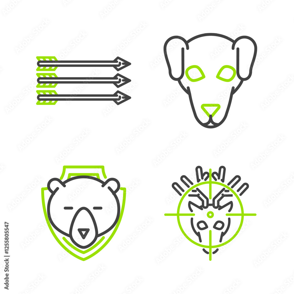 Φωτογραφία Set line Hunt on deer with crosshairs, Bear head shield, Hunting dog and Hipster arrows icon