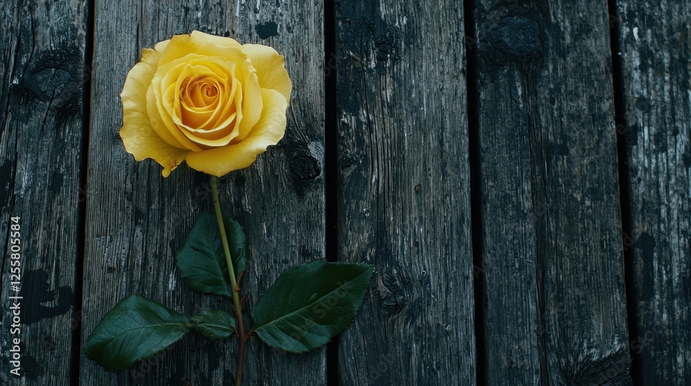 A single yellow rose lying on rustic wooden planks, surrounded by gentle light, leaving space for copy. A single yellow rose lying on rustic wooden planks, surrounded by gentle light, leaving space for copy.