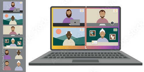 Video call conference, working from home. Colleagues of different nationalities and ages talk to each other on the laptop screen. Isolated illustration on white background in flat style trendy colors