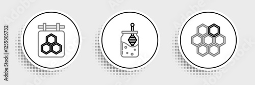 Set line Honeycomb, Hanging sign with honeycomb and Jar of and dipper stick icon. Vector