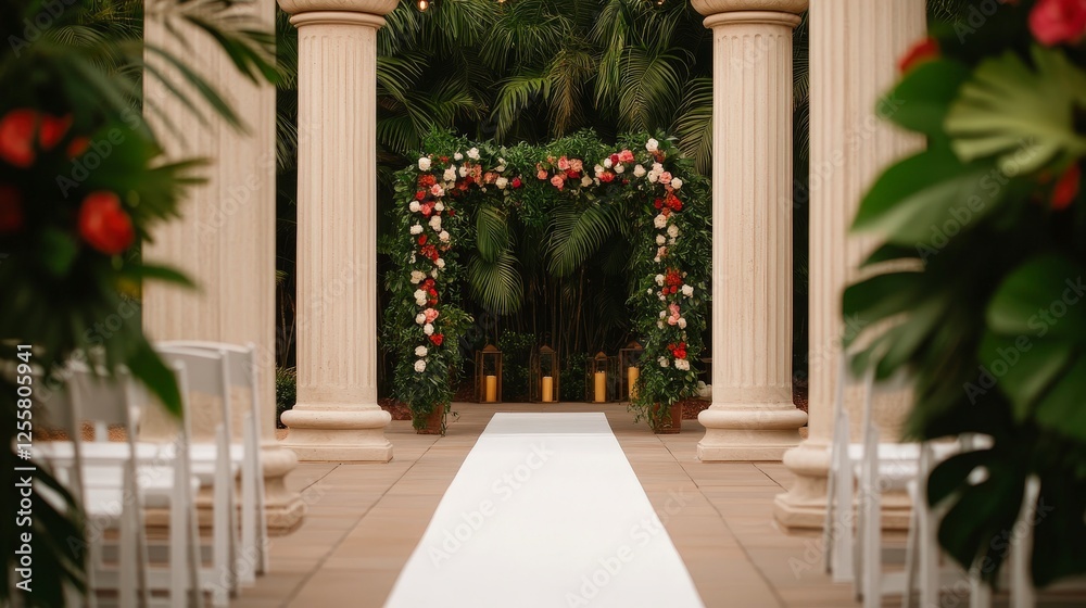 Elegant Wedding Ceremony Setup with Columns, Flowers, and White Aisle Runner Elegant Wedding Ceremony Setup with Columns, Flowers, and White Aisle Runner