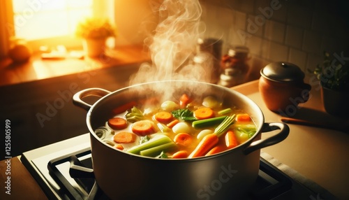 A pot of soup cooking on a stovetop with steam rising and a variety of vegetables. photo