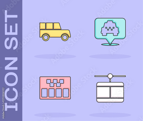 Set Cable car, Car, Taximeter and Location with taxi icon. Vector