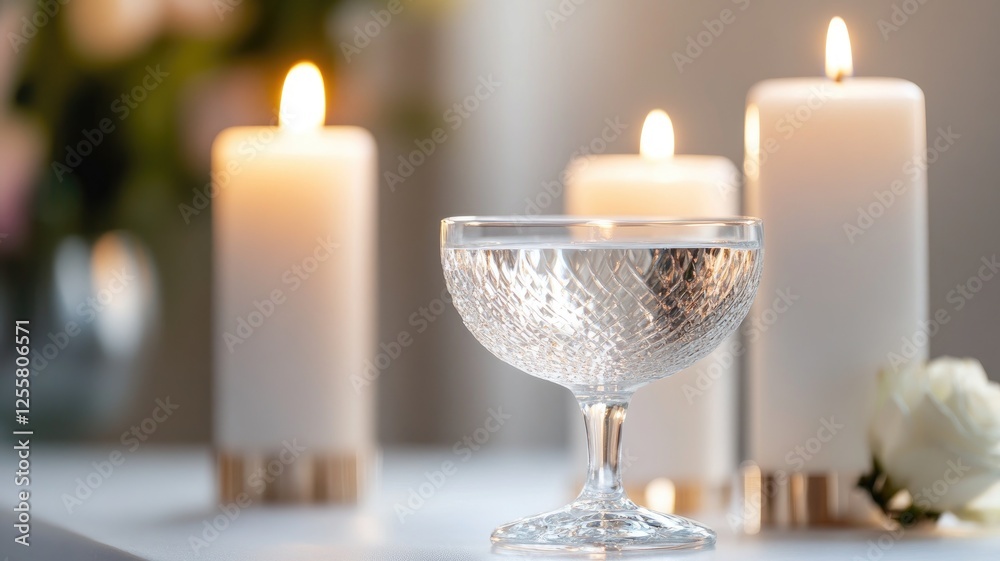 Elegant candlelight setting with crystal glass and white flowers Elegant candlelight setting with crystal glass and white flowers
