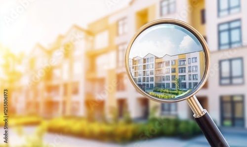 Magnifying glass focusing on apartment building in residential area, property search concept