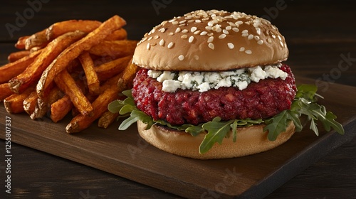 Beet burger and sweet potato fries on wooden board photo