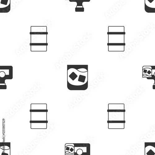 Set Whiskey bottle and glass, Glass of whiskey and Metal beer keg on seamless pattern. Vector