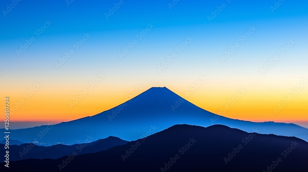 Majestic Blue Mountain Under Clear Sky at Sunrise with Vibrant Orange and Yellow Horizon, Breathtaking Scenic Landscape Background for Nature Wallpaper Majestic Blue Mountain Under Clear Sky at Sunrise with Vibrant Orange and Yellow Horizon, Breathtaking Scenic Landscape Background for Nature Wallpaper
