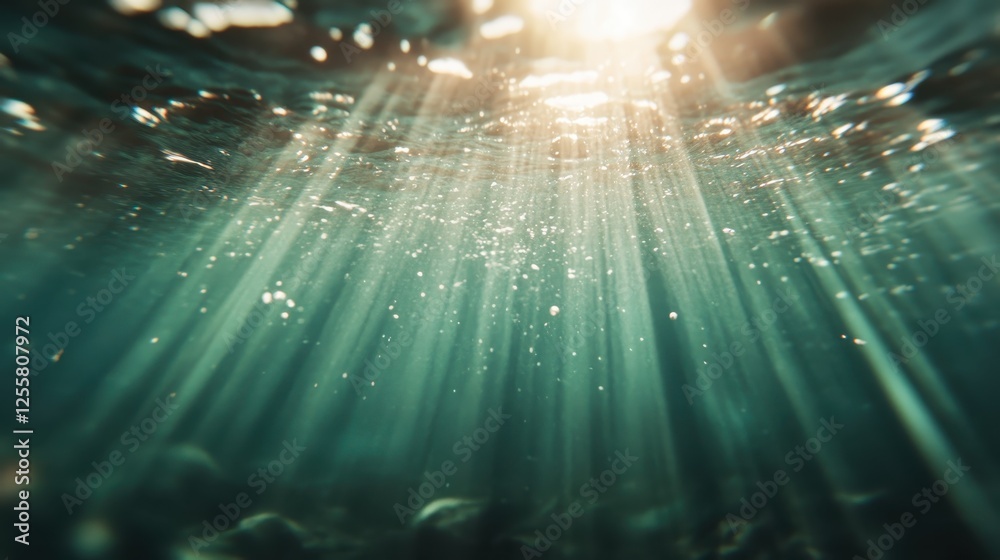 Fototapeta premium This captivating underwater image captures dramatic rays of sunlight piercing through the surface, creating a mystical ambiance that highlights the beauty of the ocean's depths.
