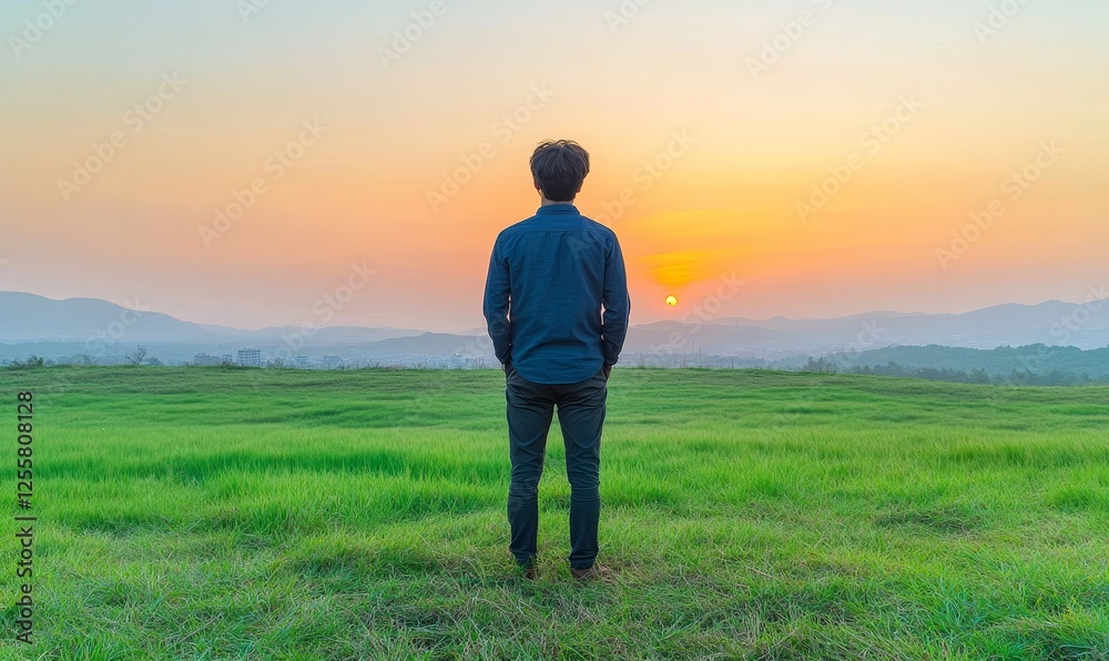 Man watching sunset over green field and distant mountains Man watching sunset over green field and distant mountains