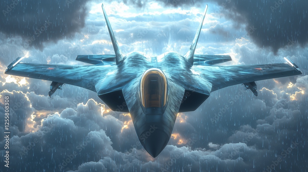 Fototapeta premium Futuristic Fighter Jet in Motion Through Rain-Heavy Atmosphere
