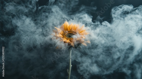 This captivating image features a sunflower eloquently rising through misty smoke, symbolizing beauty and resilience against an enchanting backdrop. photo
