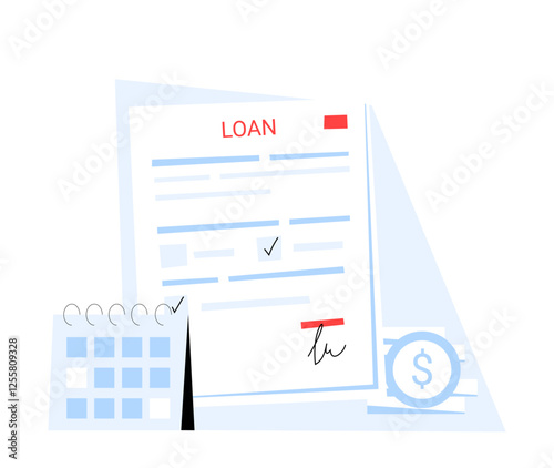 Loan Agreement Document With Calendar And Financial Symbols In Flat Vector Illustration Symbolizing Bank Loans, Financial Planning, And Credit Approval, Isolated On White Background.