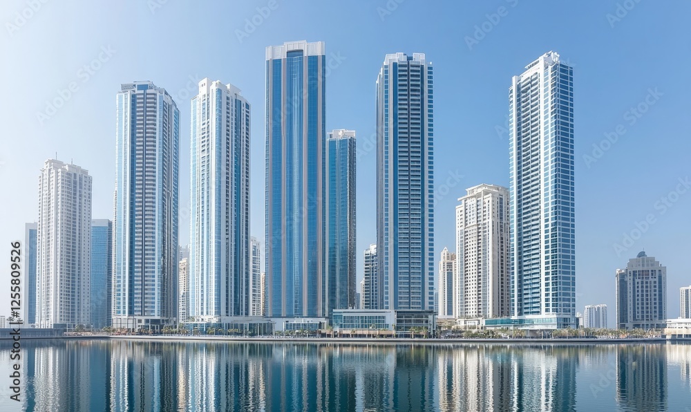 Obraz premium Modern skyscrapers reflected in calm water, urban waterfront development