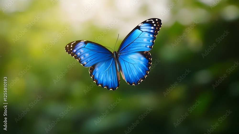 Fototapeta premium A captivating blue butterfly with wings spread against lush backdrop