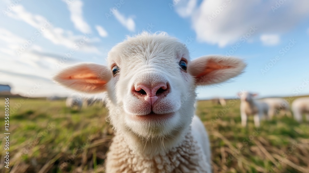 Obraz premium This image showcases a close-up of a cute lamb with bright eyes and soft wool, perfectly capturing the innocence and charm of farm life amidst a picturesque landscape.