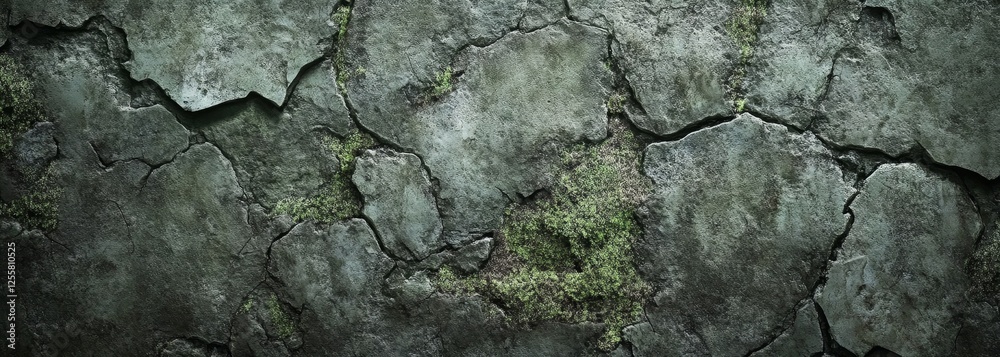 Weathered stone surface with cracks and moss plant composition background Weathered stone surface with cracks and moss plant composition background