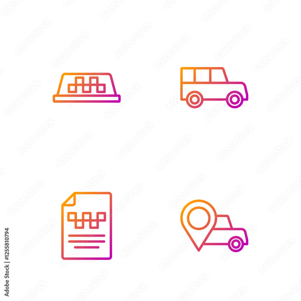 Set line Location with taxi, Taxi driver license, car roof and Car. Gradient color icons. Vector Set line Location with taxi, Taxi driver license, car roof and Car. Gradient color icons. Vector