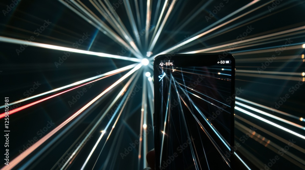 Obraz premium A striking image of a smartphone in a futuristic setting surrounded by vibrant laser beams, representing technological innovation and energy. AI generated.