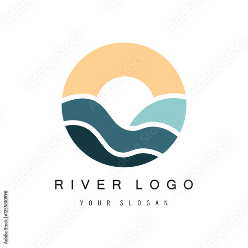 Logos of rivers, creeks, riverbanks and streams. River logo with combination of mountains, farmland, sunrise with vector concept design.