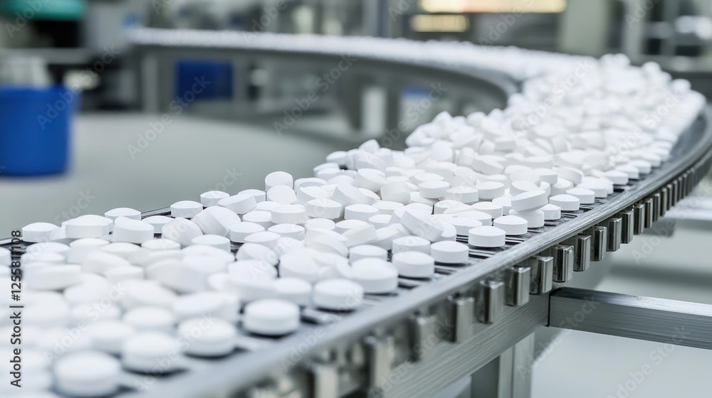Obraz premium White Pills On Conveyor Belt In Modern Pharmaceutical Factory