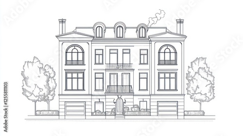 Architectural drawing of a large historical building with trees and garages.  Possible use stock photo for architectural design, historical homes, or urban planning photo