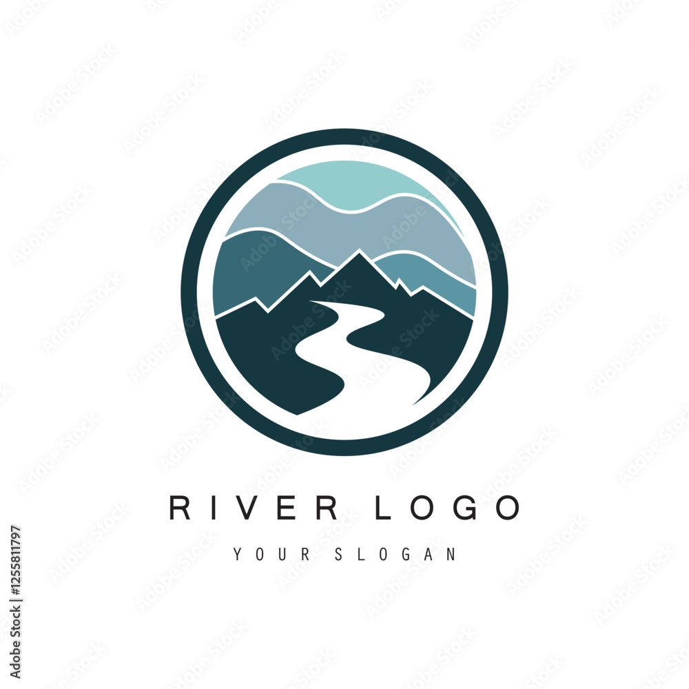 Logos of rivers, creeks, riverbanks and streams. River logo with combination of mountains, farmland, sunrise with vector concept design. Logos of rivers, creeks, riverbanks and streams. River logo with combination of mountains, farmland, sunrise with vector concept design.