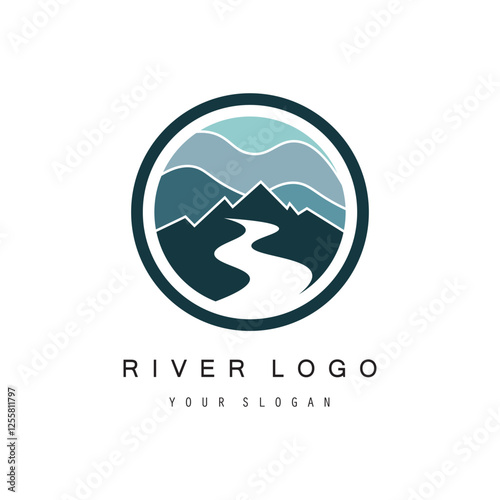 Logos of rivers, creeks, riverbanks and streams. River logo with combination of mountains, farmland, sunrise with vector concept design.