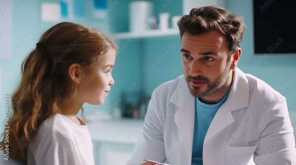 Fototapeta premium Caring Doctor Explaining Diagnosis to a Young Patient in Clinic