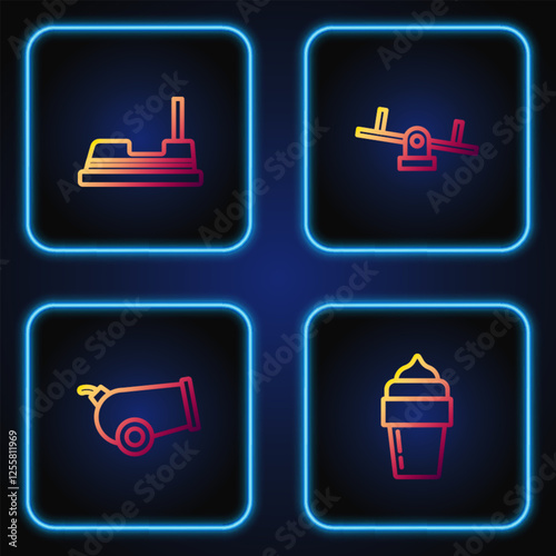 Set line Ice cream, Cannon, Bumper car and Seesaw. Gradient color icons. Vector