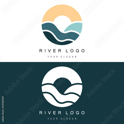 Logos of rivers, creeks, riverbanks and streams. River logo with combination of mountains, farmland, sunrise with vector concept design.