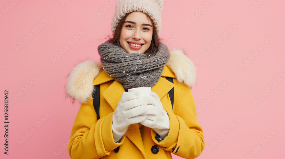 smiling woman winter coat gloves hot coffee cup knitted hat pink background copy space smiling woman winter coat gloves hot coffee cup knitted hat pink background copy space