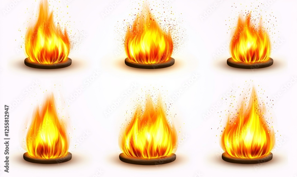 Realistic fire flames set on dark round bases isolated on white background for fiery design Realistic fire flames set on dark round bases isolated on white background for fiery design