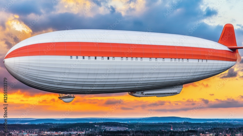 Fototapeta premium Airship Floating Above a Colorful Sunset Sky with Striking Clouds and Vibrant Colors