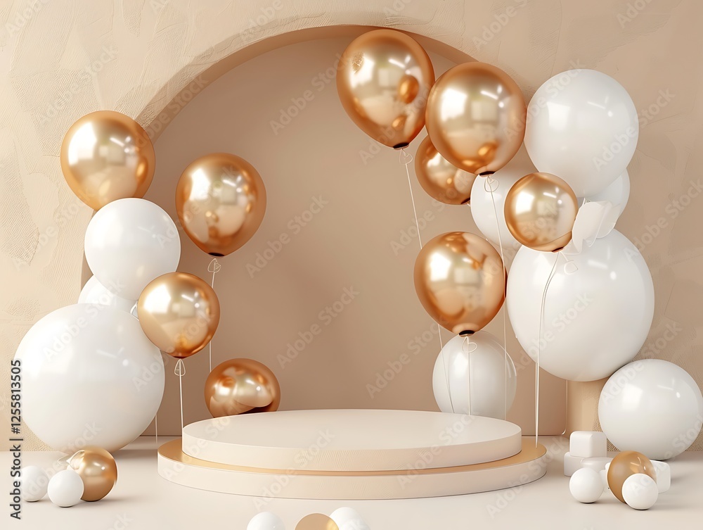 Elegant 3D podium with white and gold balloons, luxury beige arch background for product display.