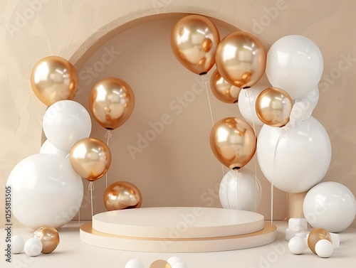 Obraz na płótnie Elegant 3D podium with white and gold balloons, luxury beige arch background for product display. w salonie