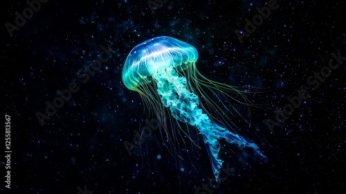 Fototapeta Naklejka Na Ścianę i Meble -  Glowing Jellyfish Floating in Dark Deep Ocean Water with Soft Blue and Green Light Emitting from Its Body, Marine Life and Natural Wonders of Underwater Ecosystems