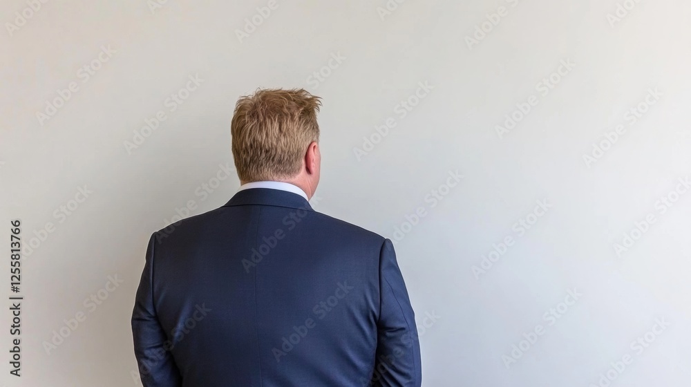 Back View of a Businessman in a Suit Facing an Empty Wall in a Neutral Office Environment Back View of a Businessman in a Suit Facing an Empty Wall in a Neutral Office Environment